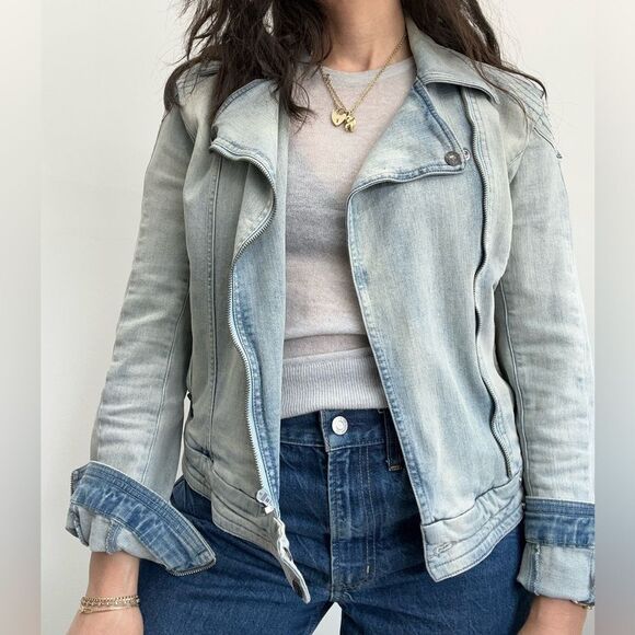 Y2K Light Wash Denim Biker Jacket Tommy Hilfiger Zip Front Silver Hardware S - Picture 3 of 15